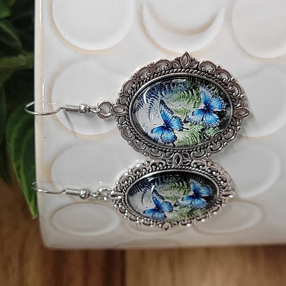 🔥LAST PAIR🔥 BLUE BUTTERFLY VINTAGE PORTRAIT DROP EARRINGS